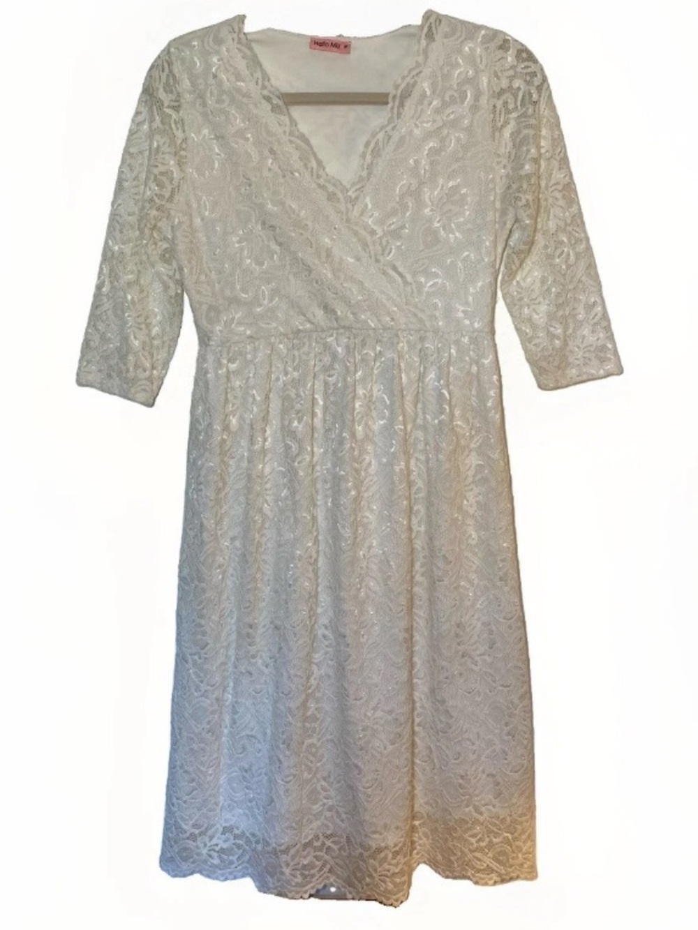 Medium White Lace Dress Midi Knee A-line Overlay V-neck Half Sleeve Scalloped